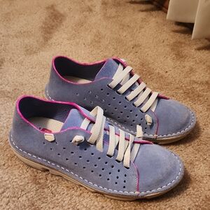 ON FOOT Light Blue and Pink Sneakers with Suede Finish and Perforations